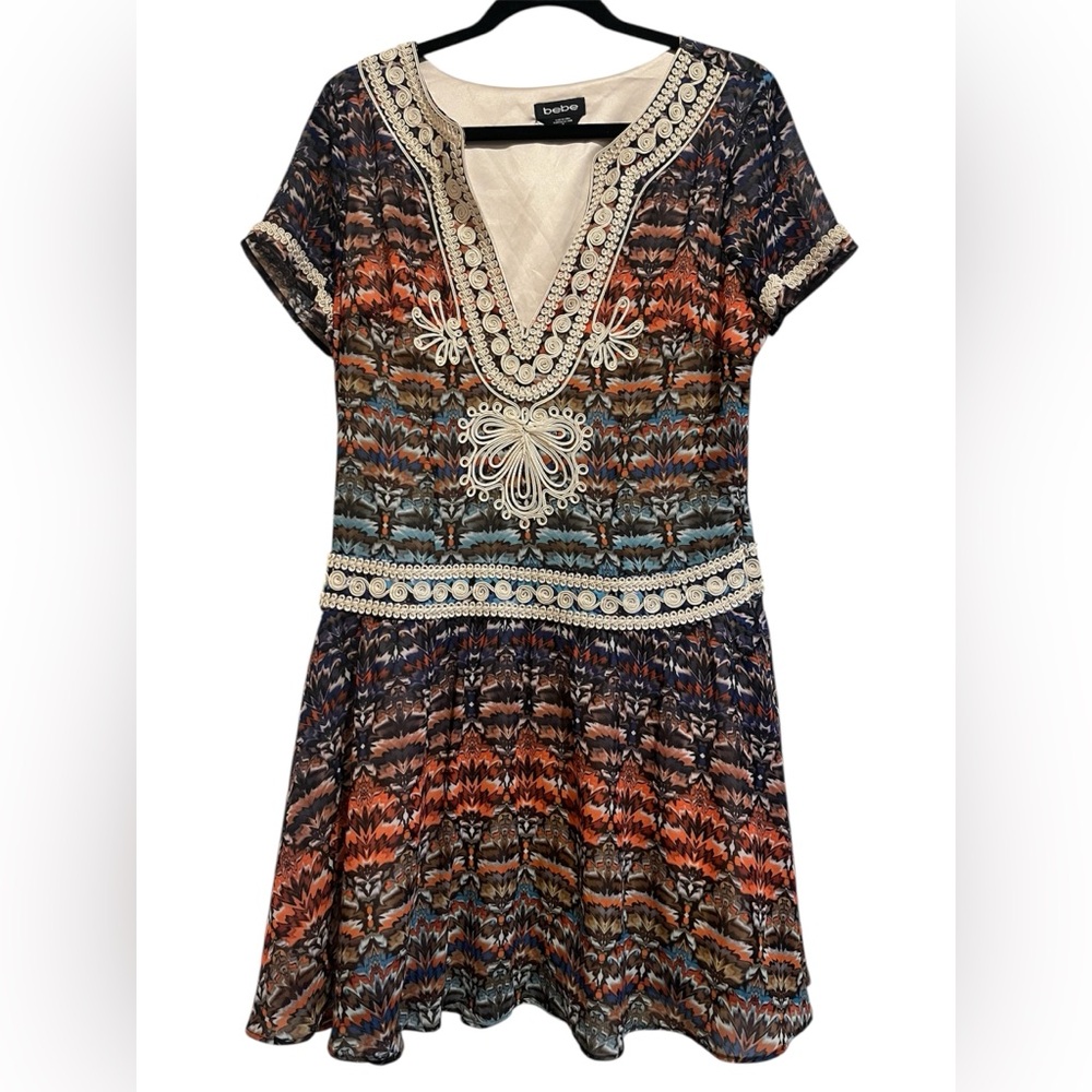 BeBe Turkish Flare Drop Waist Elegant Multicolor Embroidered Dress size 10